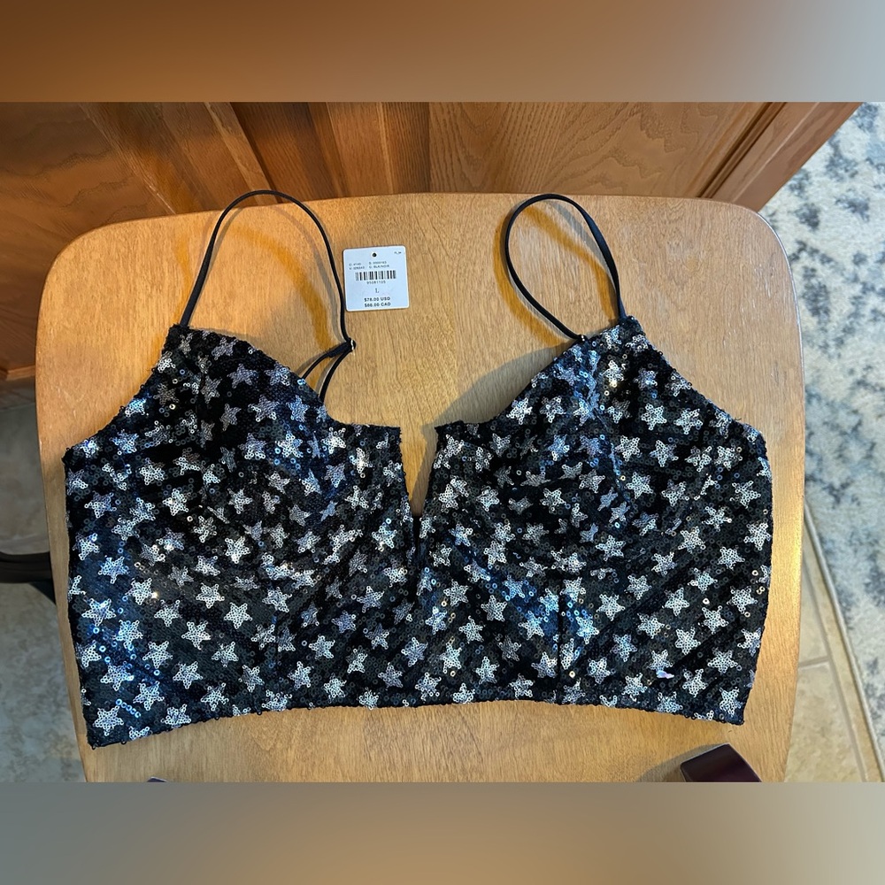 Anthropologie Black and Silver Star Sequin Bustier Top, NWT, size Large.